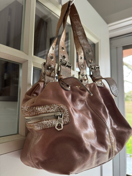Francesco Biasia Leather Shoulder Bag Dusty Rose Metallic Trim Slouchy Hobo
